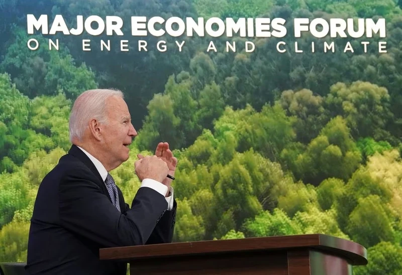 Tổng thống Mỹ Joe Biden triệu tập cuộc họp trực tuyến cấp lãnh đạo lần thứ tư của Diễn đàn các nền kinh tế lớn (MEF) về năng lượng và khí hậu ngày 20/4. Ảnh: Reuters.
