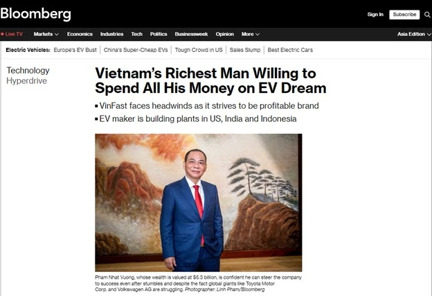 Bài phỏng vấn tỷ phú Phạm Nhật Vượng trên Bloomberg, Ảnh chụp màn hình.