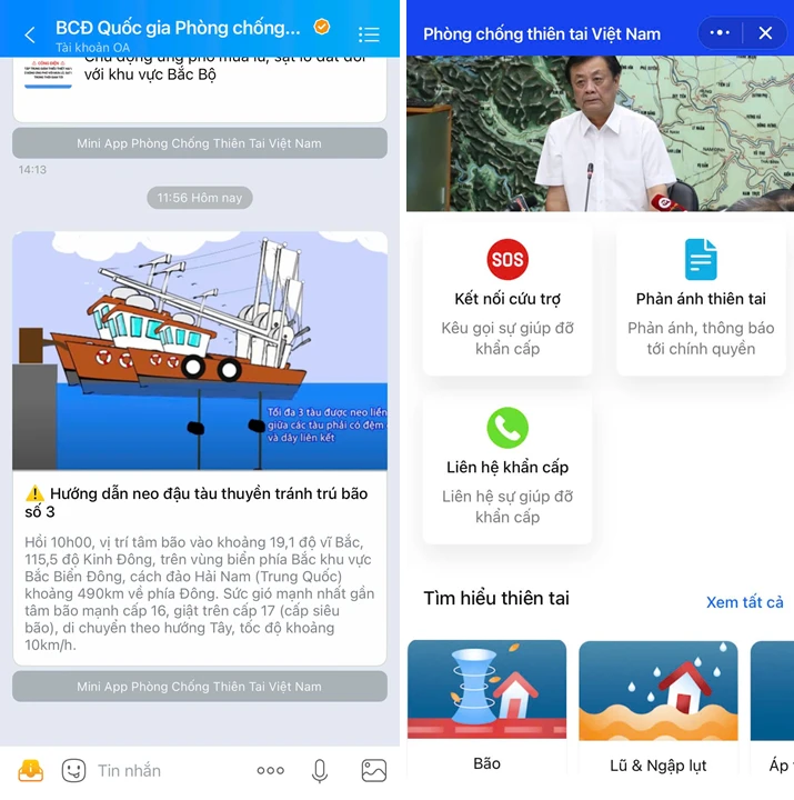 Thông báo hướng dẫn neo đậu thuyền tránh bão được gửi qua Zalo Mini App.