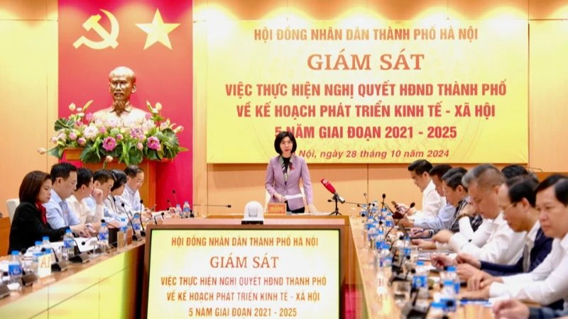 Phó Chủ tịch Thường trực Hội đồng nhân dân thành phố Hà Nội Phùng Thị Hồng Hà, phát biểu tại buổi làm việc.