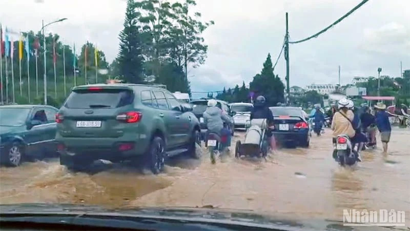 Trận mưa lớn chiều 23/6 gây ngập cục bộ ở một số tuyến đường tại thành phố Đà Lạt.