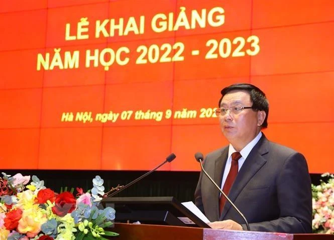 Giáo sư, Tiến sĩ Nguyễn Xuân Thắng, Ủy viên Bộ Chính trị, Giám đốc Học viện Chính trị quốc gia Hồ Chí Minh phát biểu tại Lễ khai giảng năm học 2022-2023. (Ảnh: TTXVN)