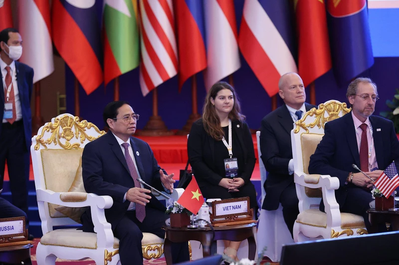 Thủ tướng Chính phủ Phạm Minh Chính tham dự và phát biểu tại Đối thoại Toàn cầu ASEAN lần thứ hai có chủ đề“Phục hồi toàn diện sau Covid-19”. (Ảnh: TTXVN)