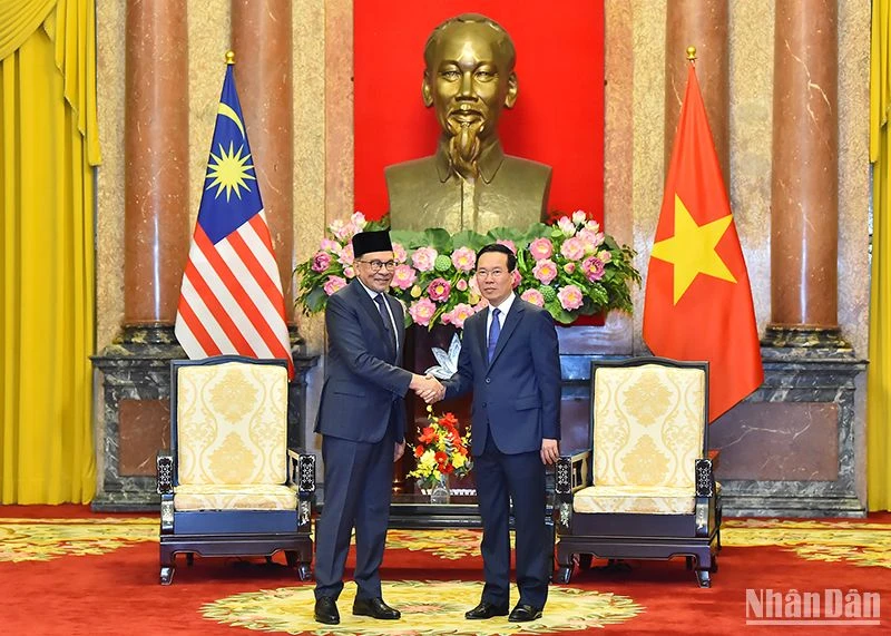 Chủ tịch nước Võ Văn Thưởng và Thủ tướng Malaysia Anwar Ibrahim tại buổi tiếp.