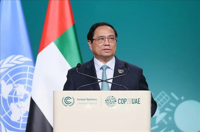Thủ tướng Phạm Minh Chính phát biểu tại Hội nghị Thượng đỉnh Hành động khí hậu thế giới, trong khuôn khổ Hội nghị lần thứ 28 Các bên tham gia Công ước khung của Liên hợp quốc về biến đổi khí hậu (COP28). 