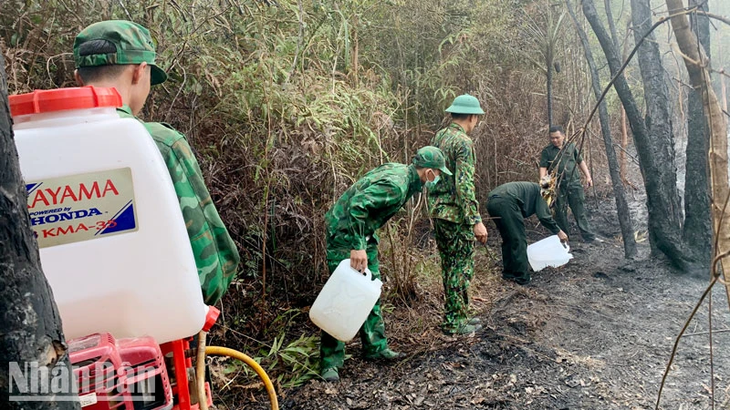 Cán bộ, chiến sĩ Đồn Biên phòng Xà Lực (Bộ đội Biên phòng Kiên Giang) ngăn đám cháy vào rừng đặc dụng Vườn quốc gia Phú Quốc. 