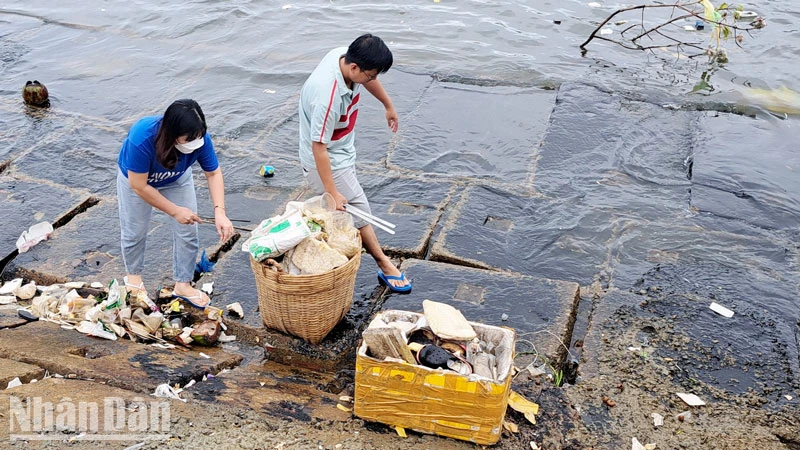 Công chức, viên chức và nhân dân thành phố Phú Quốc, tỉnh Kiên Giang thu gom rác ven biển. 