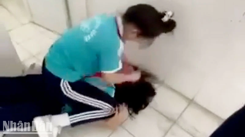 Hai nữ sinh đánh nhau trong nhà vệ sinh. (Ảnh cắt từ clip)
