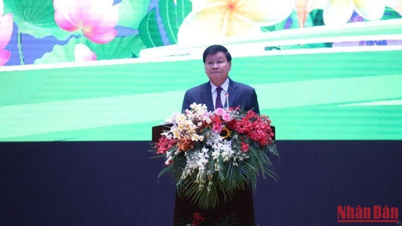 Tổng Bí thư, Chủ tịch nước Lào Thongloun Sisoulith phát biểu tại lễ kỷ niệm. (Ảnh: XUÂN SƠN)