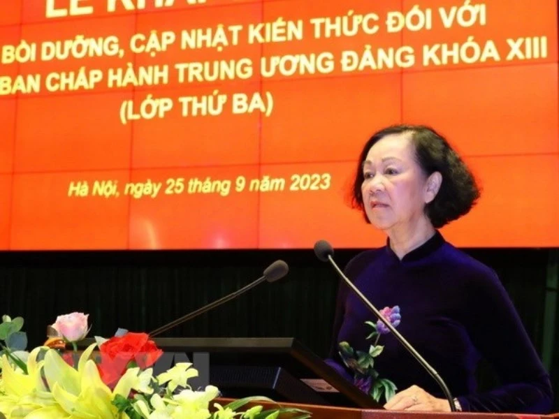 Ủy viên Bộ Chính trị, Thường trực Ban Bí thư, Trưởng Ban Tổ chức Trung ương Trương Thị Mai phát biểu chỉ đạo. (Ảnh: Văn Điệp/TTXVN)
