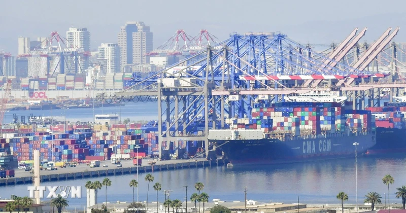 Hoạt động tại cảng hàng hóa Long Beach ở California, Mỹ. (Ảnh: AFP/TTXVN)