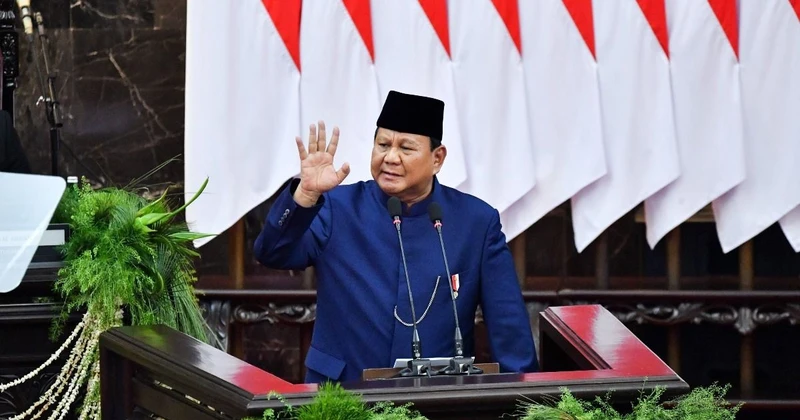 Tổng thống Prabowo Subianto phát biểu tại lễ nhậm chức ngày 20/10. (Ảnh: TTXVN phát)