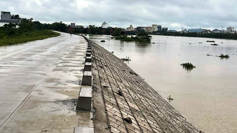 Một đoạn mái đê Tả Đáy đi qua địa phận huyện Ý Yên (Nam Định) được gia cố tấm lát bê-tông.