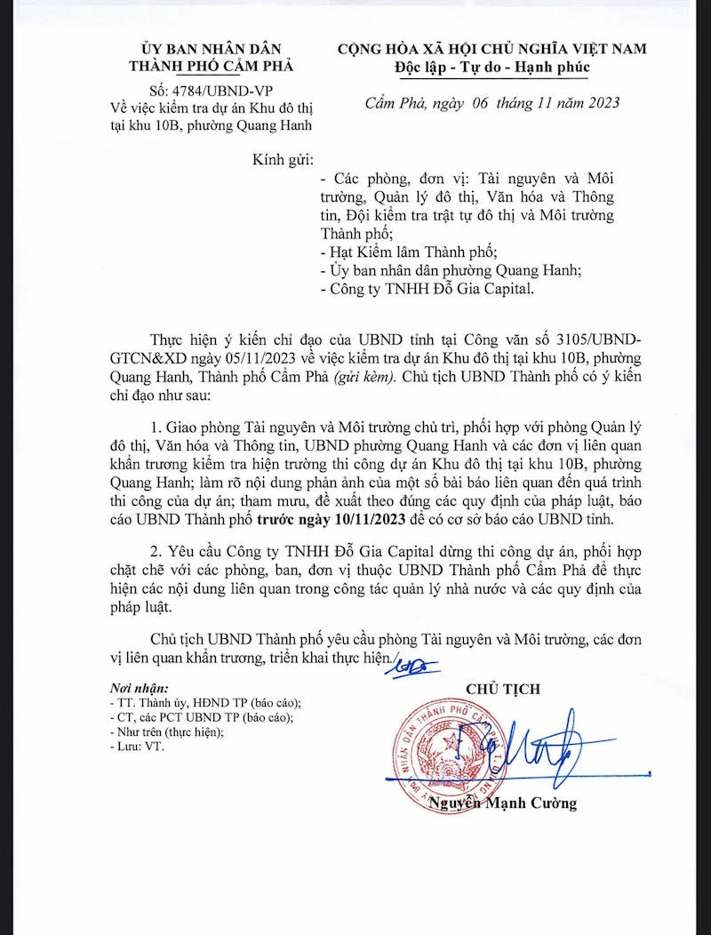 Văn bản chỉ đạo của Ủy ban nhân dân thành phố Cẩm Phả ngày 6/11/2023.