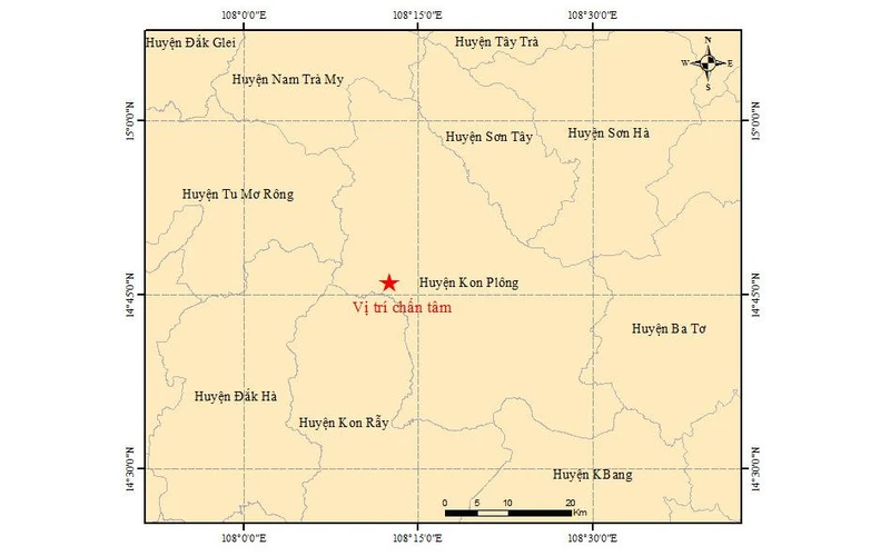 Bản đồ tâm chấn trận động đất có độ lớn 4.7 tại huyện Kon Plông, Kon Tum ngày 23/8.