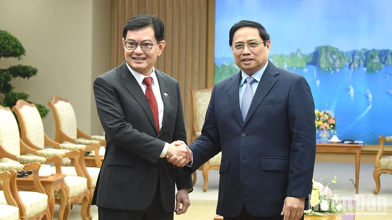 Thủ tướng Phạm Minh Chính tiếp Phó Thủ tướng Singapore Vương Thụy Kiệt. (Ảnh: Trần Hải)