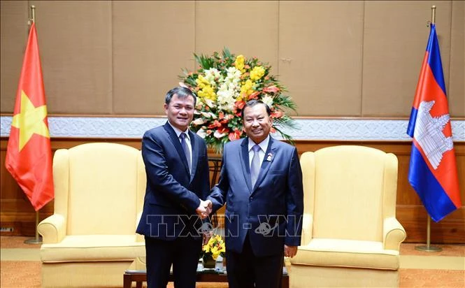 Chủ tịch Thượng viện Campuchia Samdech Say Chhum tiếp Chủ tịch kiêm Tổng Giám đốc Tập đoàn Viettel Tào Đức Thắng. (Ảnh: Minh Đức/TTXVN)