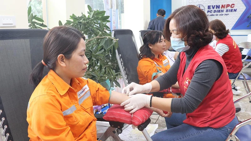 Cán bộ, công nhân Công ty Điện lực Điện Biên tham gia hiến máu.