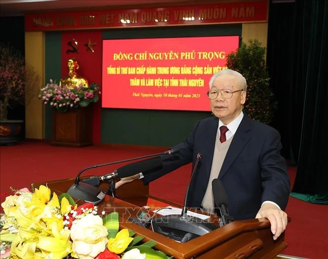Tổng Bí thư Nguyễn Phú Trọng phát biểu tại buổi làm việc với Ban Thường vụ và lãnh đạo tỉnh Thái Nguyên. (Ảnh: TTXVN)