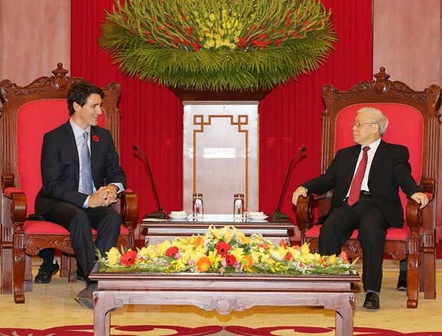 Chiều 8/11/2017, tại Trụ sở Trung ương Đảng, Tổng Bí thư Nguyễn Phú Trọng tiếp Thủ tướng Canada Justin Trudeau thăm chính thức Việt Nam. (Ảnh: TTXVN)