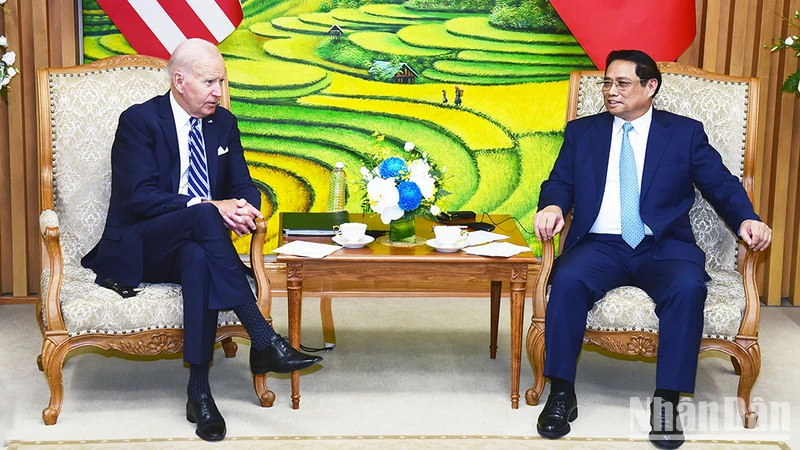 Thủ tướng Phạm Minh Chính hội kiến Tổng thống Hợp chúng quốc Hoa Kỳ Joe Biden. (Ảnh: TRẦN HẢI)