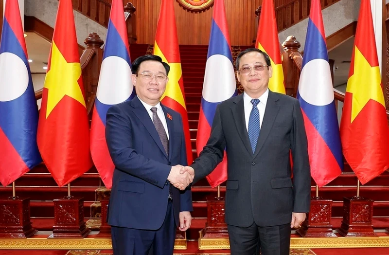 Chủ tịch Quốc hội Vương Đình Huệ hội kiến Thủ tướng Chính phủ Lào Sonexay Siphandone. (Ảnh: TTXVN)