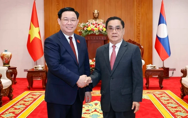 Chủ tịch Quốc hội Vương Đình Huệ gặp nguyên Thủ tướng Chính phủ Lào Thongsing Thammavong. (Ảnh: TTXVN)