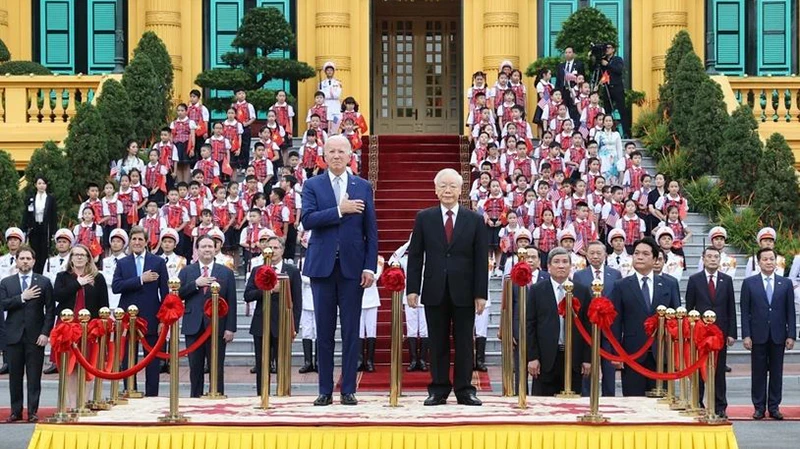 Tổng Bí thư Nguyễn Phú Trọng chủ trì Lễ đón chính thức Tổng thống Hoa Kỳ Joe Biden thăm cấp Nhà nước tới Việt Nam từ ngày 10-11/9/2023. (Ảnh: TTXVN)