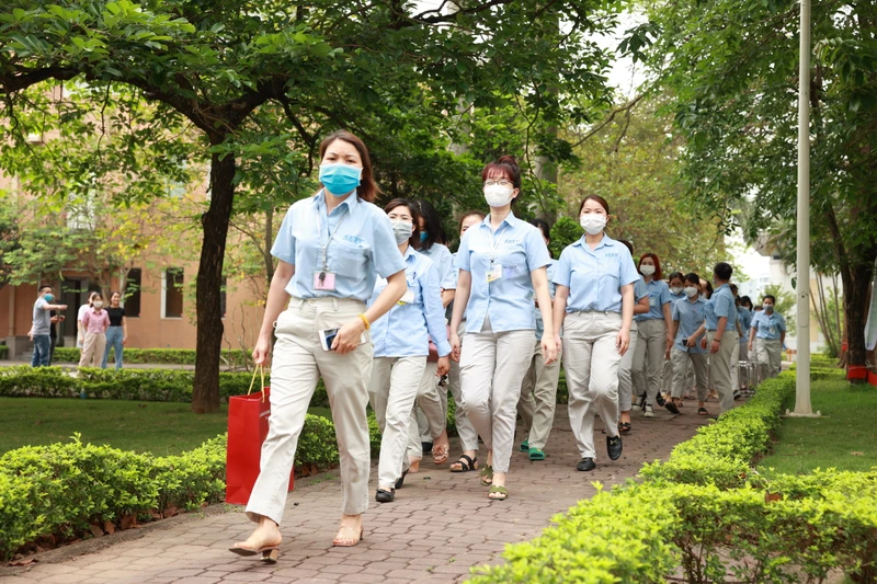 Công nhân Khu công nghiệp Bắc Thăng Long (Hà Nội) tham gia chương trình Tháng hành động về an toàn vệ sinh lao động. Ảnh: Hải Nguyễn