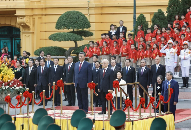 Tổng Bí thư Nguyễn Phú Trọng tại lễ đón Tổng Bí thư, Chủ tịch Trung Quốc Tập Cận Bình, ngày 12/12/2023. Ảnh: DUY LINH