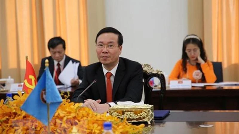 Thường trực Ban Bí thư Võ Văn Thưởng tại buổi hội đàm với Samdech Say Chhum, Phó Chủ tịch CPP, Chủ tịch Thượng viện Vương quốc Campuchia. (Ảnh: Vũ Hùng/TTXVN)