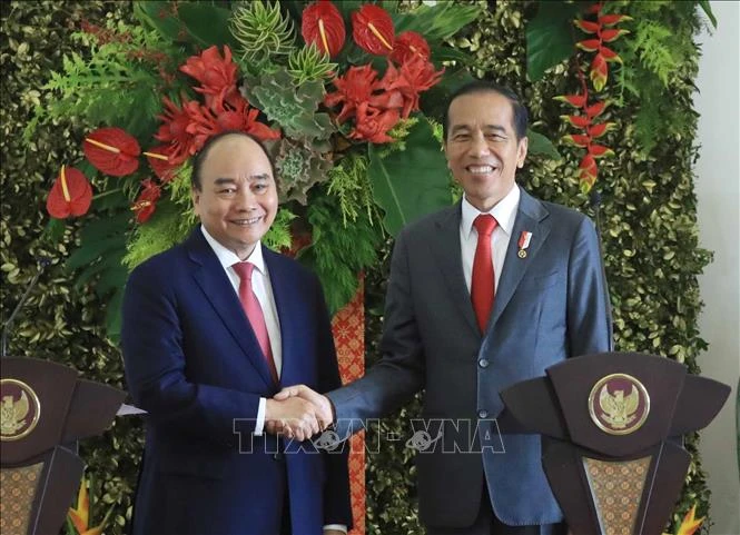 Chủ tịch nước Nguyễn Xuân Phúc và Tổng thống Indonesia Joko Widodo. (Ảnh: Thống Nhất/TTXVN)