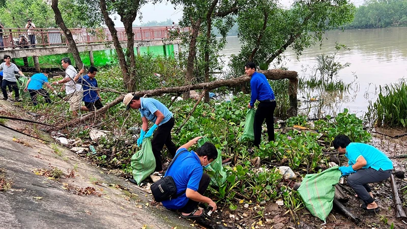 Lực lượng đoàn viên, thanh niên, người lao động tích cực tham gia hoạt động vớt rác ven sông Bến Tre.