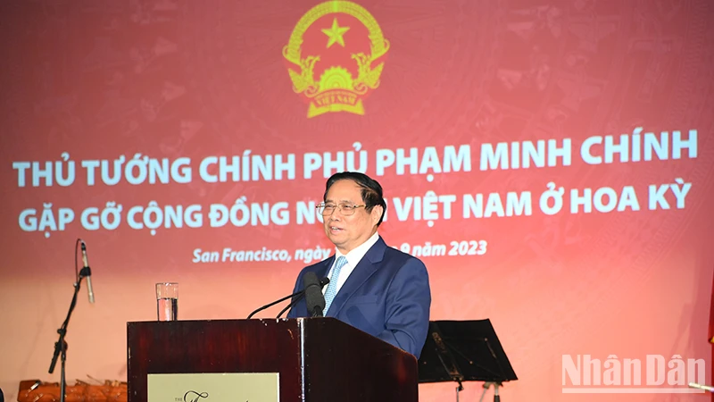 Thủ tướng Phạm Minh Chính phát biểu ý kiến tại buổi gặp mặt bà con cộng đồng người Việt Nam ở Hoa Kỳ.