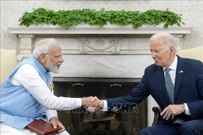 Tổng thống Mỹ Joe Biden (phải) hội đàm với Thủ tướng Ấn Độ Narendra Modi tại Nhà Trắng, Washington, DC ngày 22/6/2023. (Ảnh tư liệu: AFP/TTXVN)