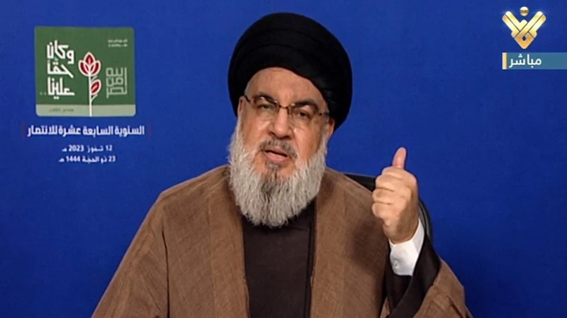 Thủ lĩnh phong trào Hezbollah tại Liban Hassan Nasrallah trong bài phát biểu trên truyền hình ngày 12/7/2023. (Ảnh: AFP/TTXVN)