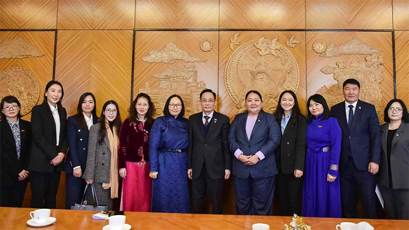 Đồng chí Lê Hoài Trung, Bí thư Trung ương Đảng, Trưởng Ban Đối ngoại Trung ương với Phó Chủ tịch Đảng Dân chủ Mông Cổ Batchimeg và các đại biểu. (Ảnh: TTXVN)