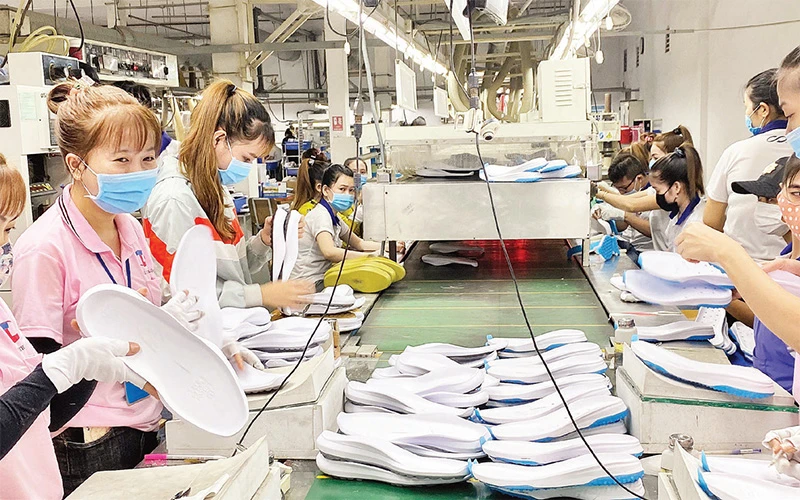 Cuộc sống của nhiều công nhân bị ảnh hưởng do doanh nghiệp thiếu đơn hàng. Trong ảnh: Sản xuất giày xuất khẩu tại một công ty ở Thành phố Hồ Chí Minh. 