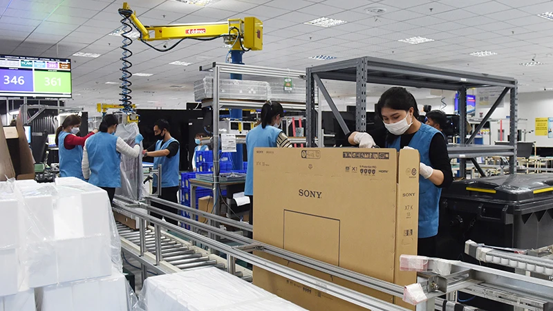 Công nhân Công ty TNHH Competition Team Technology (Việt Nam) đóng gói sản phẩm màn hình tinh thể lỏng công nghệ cao tại Khu công nghiệp Ðông Mai, tỉnh Quảng Ninh. (Ảnh KHÁNH AN)
