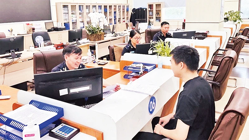 Cán bộ, nhân viên Chi cục Hải quan Cửa khẩu Móng Cái tạo điều kiện cho doanh nghiệp nhanh chóng xuất, nhập khẩu hàng hóa dịp đầu năm. 