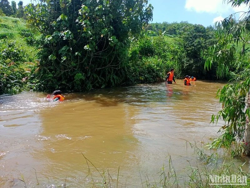 Quá trình lực lượng cứu hộ tìm kiếm thi thể nạn nhân Phạm Văn Tân, thường trú tại thôn Quảng Tiến, xã Quảng Sơn, huyện Đắk Glong, tỉnh Đắk Nông. 