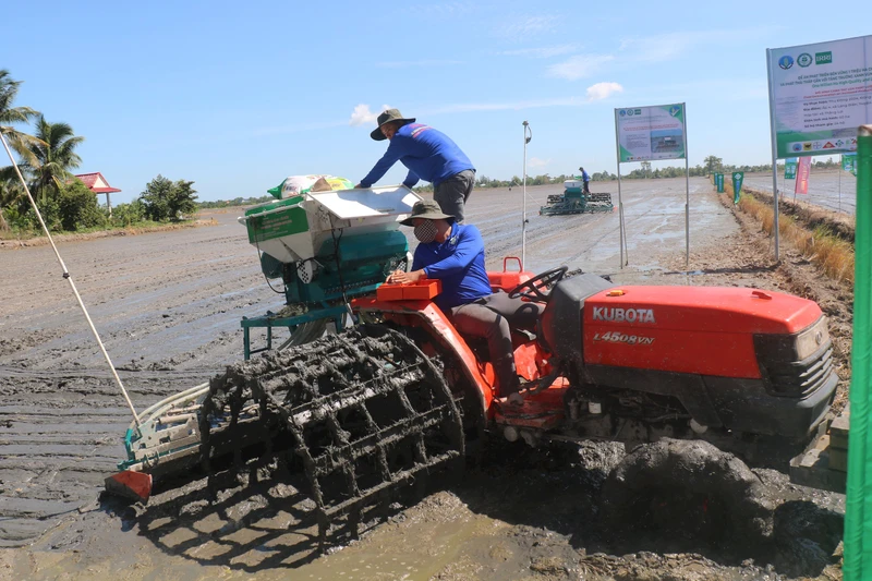 Gieo sạ lúa vụ thu-đông 2024 tại diện tích thí điểm Đề án, thuộc xã Mỹ Đông, huyện Tháp Mười, tỉnh Đồng Tháp.