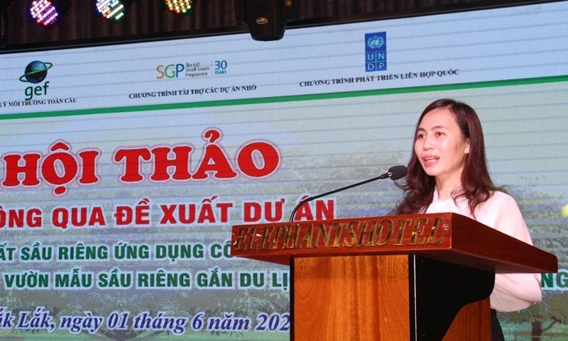 Chủ tịch Hội Nông dân tỉnh Đắk Lắk Lại Thị Loan giới thiệu về dự án tại hội thảo.
