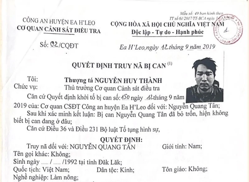 Nguyễn Quang Tân, 1 trong 4 đối tượng bị truy nã.