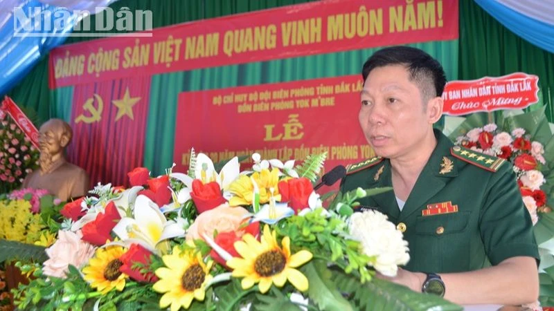 Đại tá Đỗ Quang Thấm, Chính ủy Bộ đội Biên phòng tỉnh Đắk Lắk phát biểu tại lễ kỷ niệm.