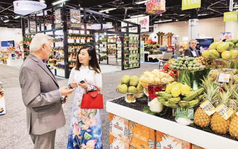Tổng Giám đốc Công ty cổ phần Tập đoàn Xuất nhập khẩu trái cây Chánh Thu Ngô Tường Vy trao đổi với đối tác xuất khẩu trái cây tại Mỹ.