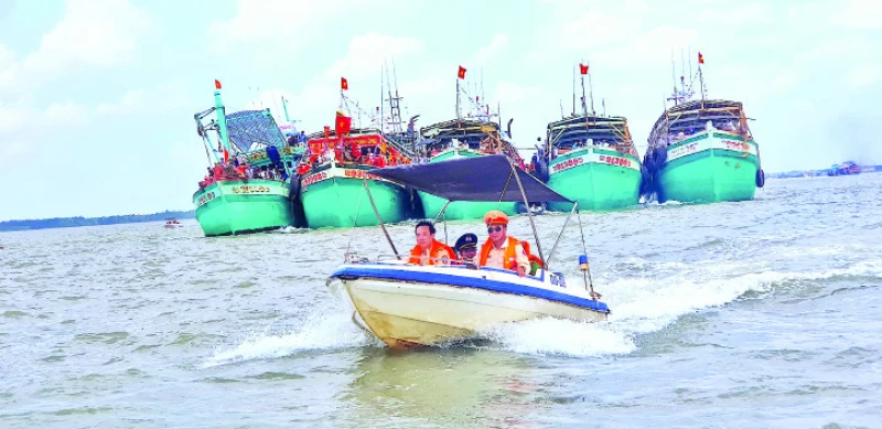 Tàu cá ra biển tham gia nghi thức rước cá Ông tại lễ hội.