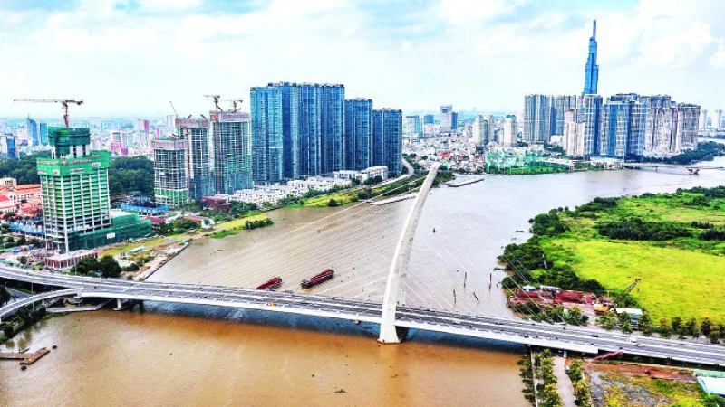 Cầu Thủ Thiêm nối Quận 1 và thành phố Thủ Đức nhìn từ trên cao.
