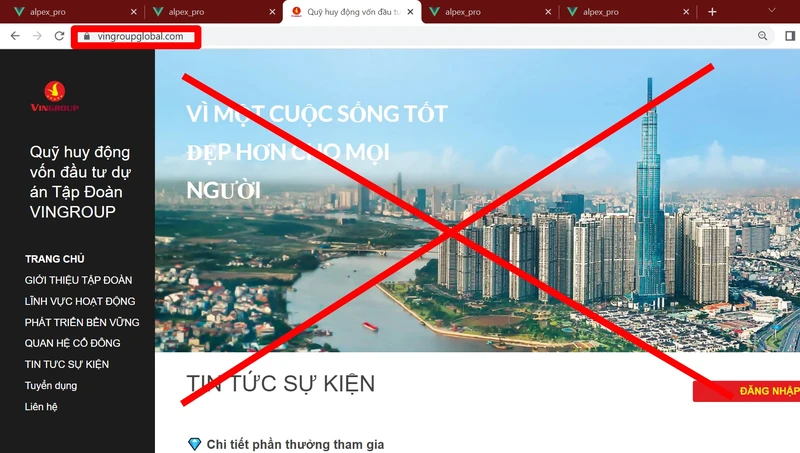 Một trong số những website giả mạo thương hiệu Vingroup. (Ảnh chụp màn hình)