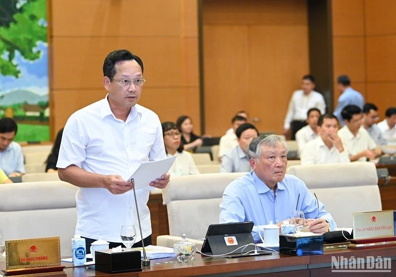 Phó Chánh án Tòa án nhân dân tối cao Nguyễn Văn Tiến trình bày Tờ trình về dự án Luật Tổ chức Tòa án nhân dân (sửa đổi). (Ảnh: DUY LINH)